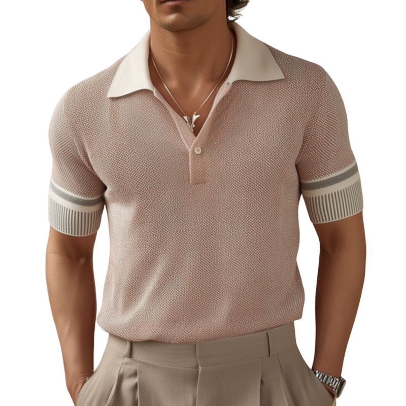 Men's Stylish Colorblock Lapel Slim Fit Short-sleeved Knitted Polo Shirt MTA2533F6M