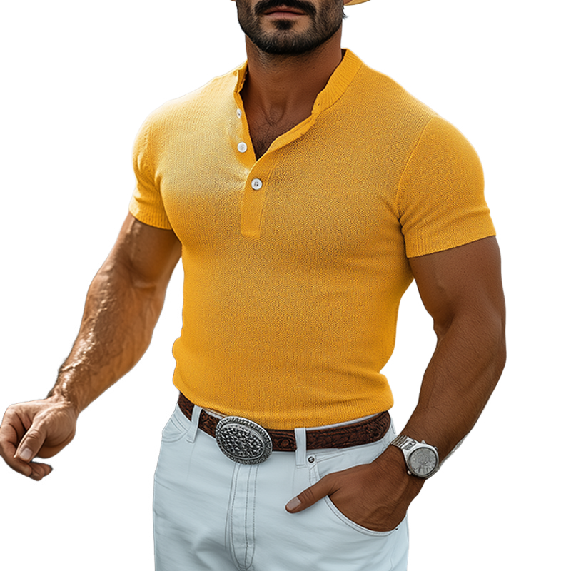 Men's Spring And Summer Fashion Casual Western Style Henley Collar Slim Fit Knit Short Sleeve T-Shirt MTA1436E0K
