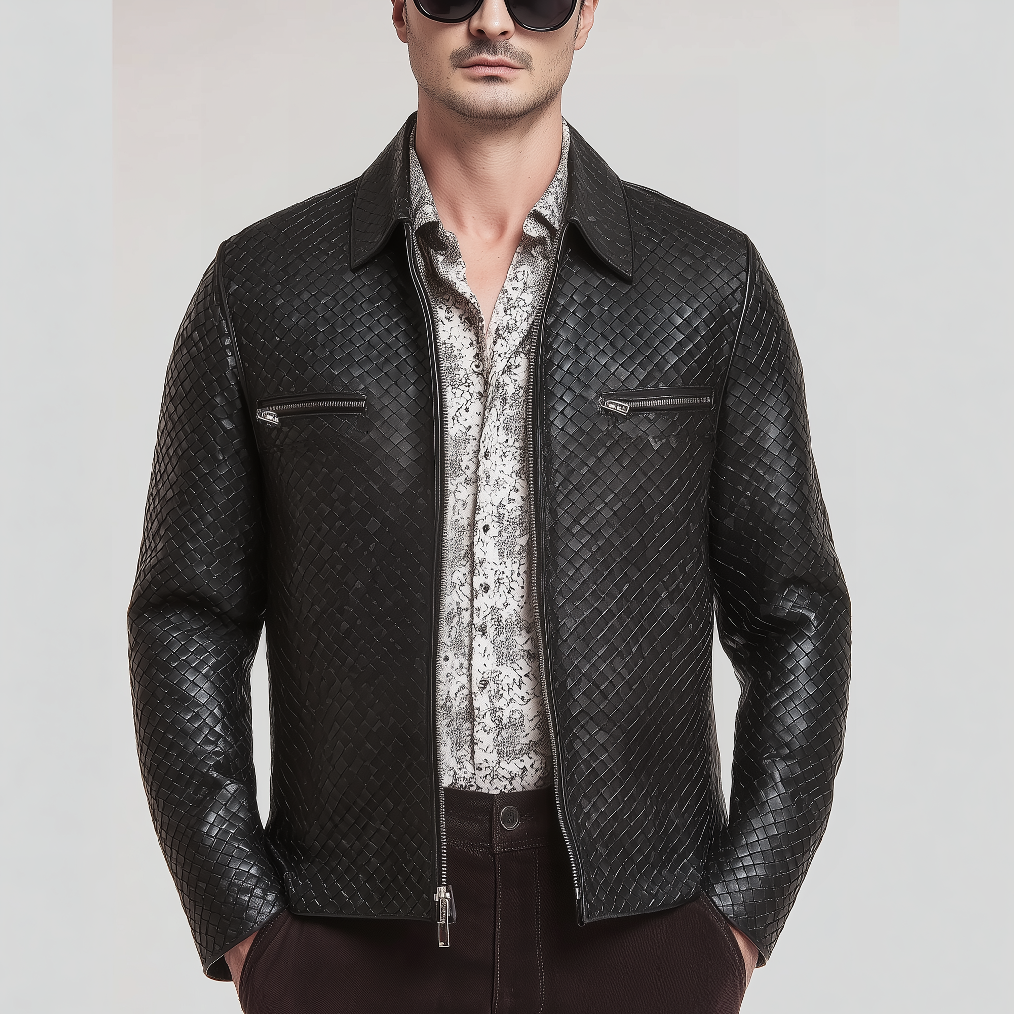Men's Classic Casual Woven Textured Leather Zip-Up Jacket MTA1129H7K
