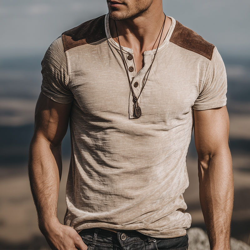 Men's Retro Casual Velvet Henley Short Sleeve T-Shirt MTA1816G2TO