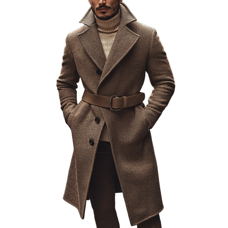Men's Retro Casual Tweed Belt Single-Breasted Long Coat MTA0645K4TO