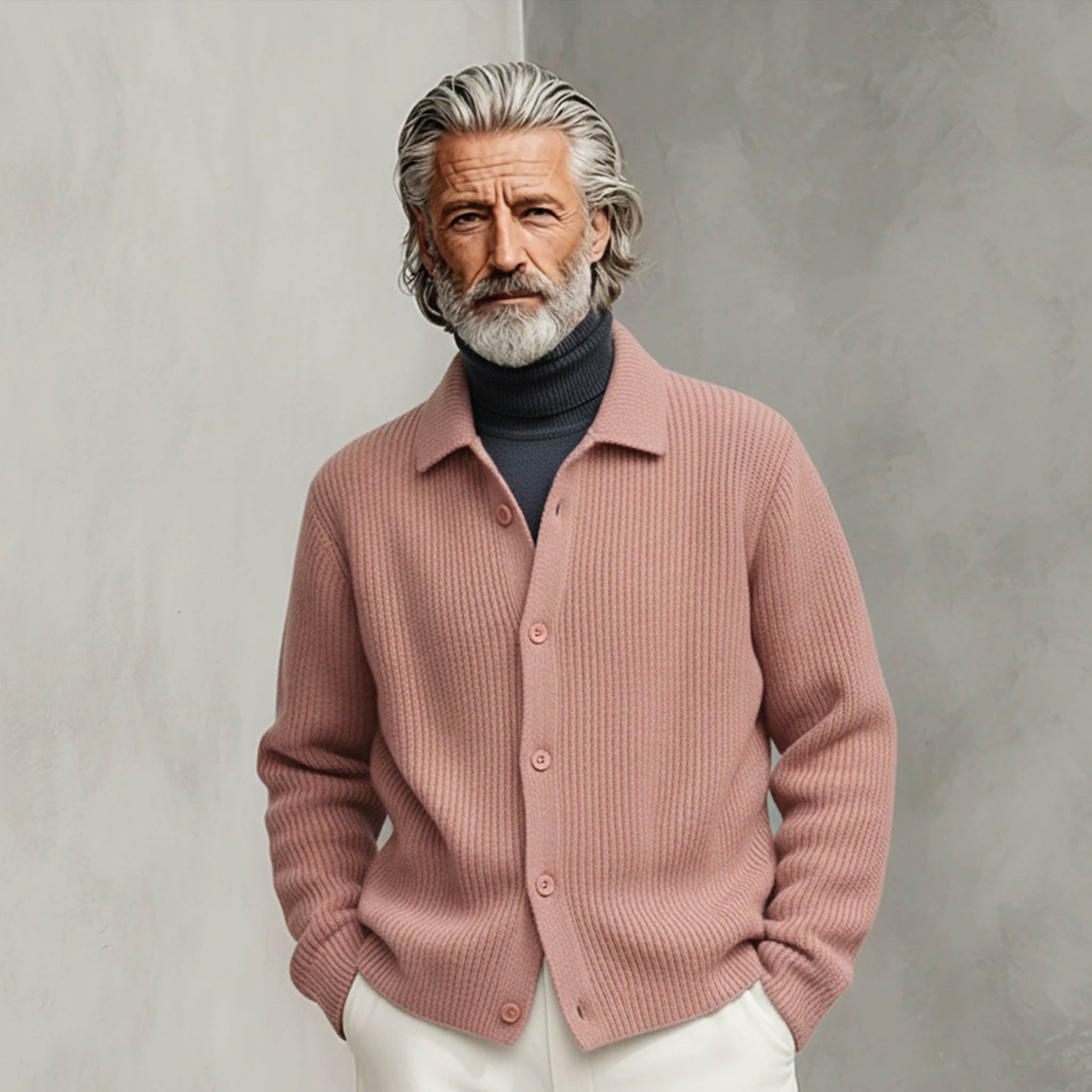 Men's Classic Casual Pink Collared Knit Cardigan MTA1530K2K