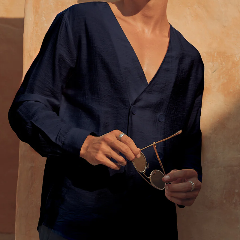 Men's Fashion Casual Tencel Cotton V-neck Double Breasted Long Sleeve Shirt MTA1414G4K