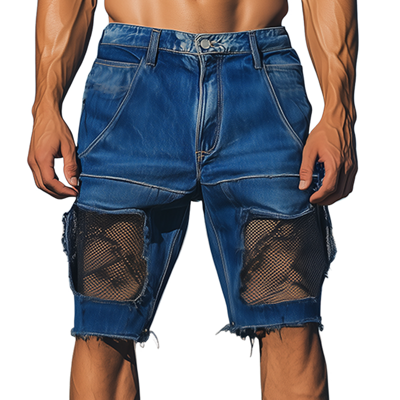 Men's Spring And Summer Fashion Casual Denim Washed Splicing Mesh Shorts MTA2733F4K