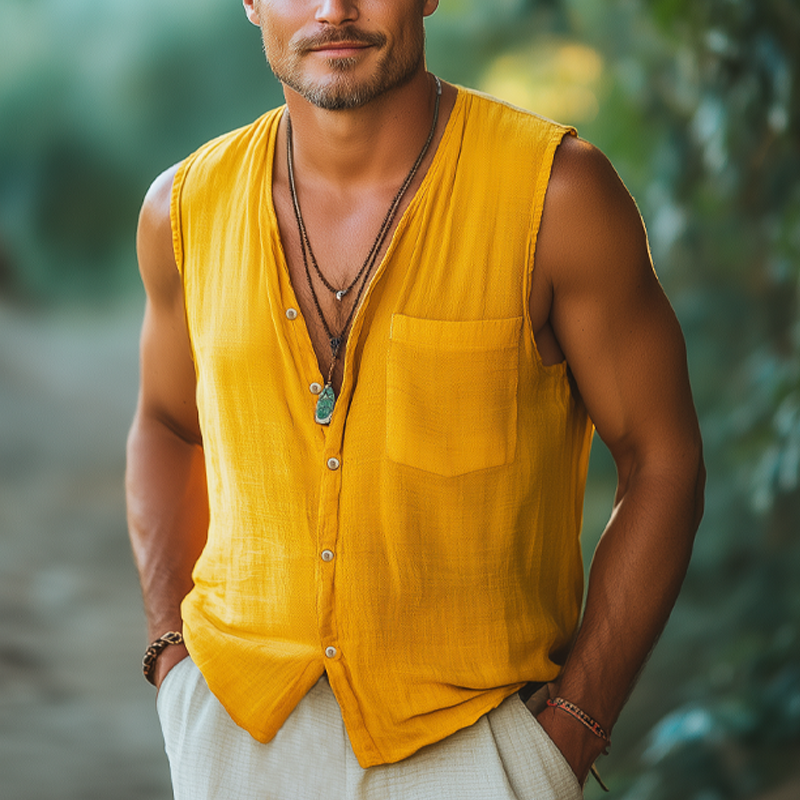 Men's Summer Comfortable Cotton And Linen Sleeveless Shirt MTA0612F0U