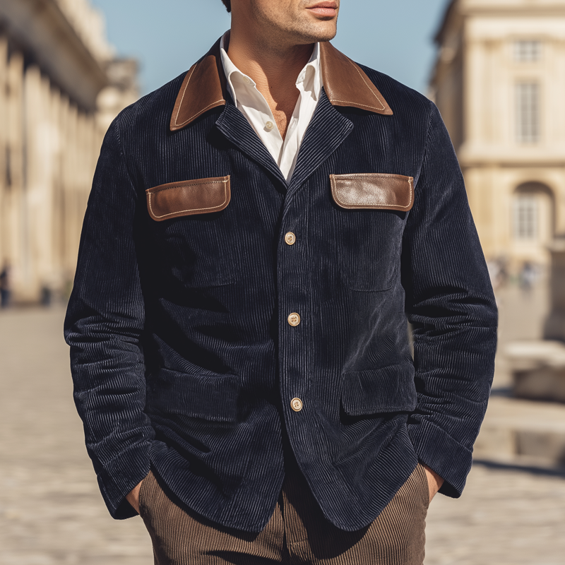Men's Vintage Corduroy And PU Leather Patchwork Button Jacket MTA0521I4U