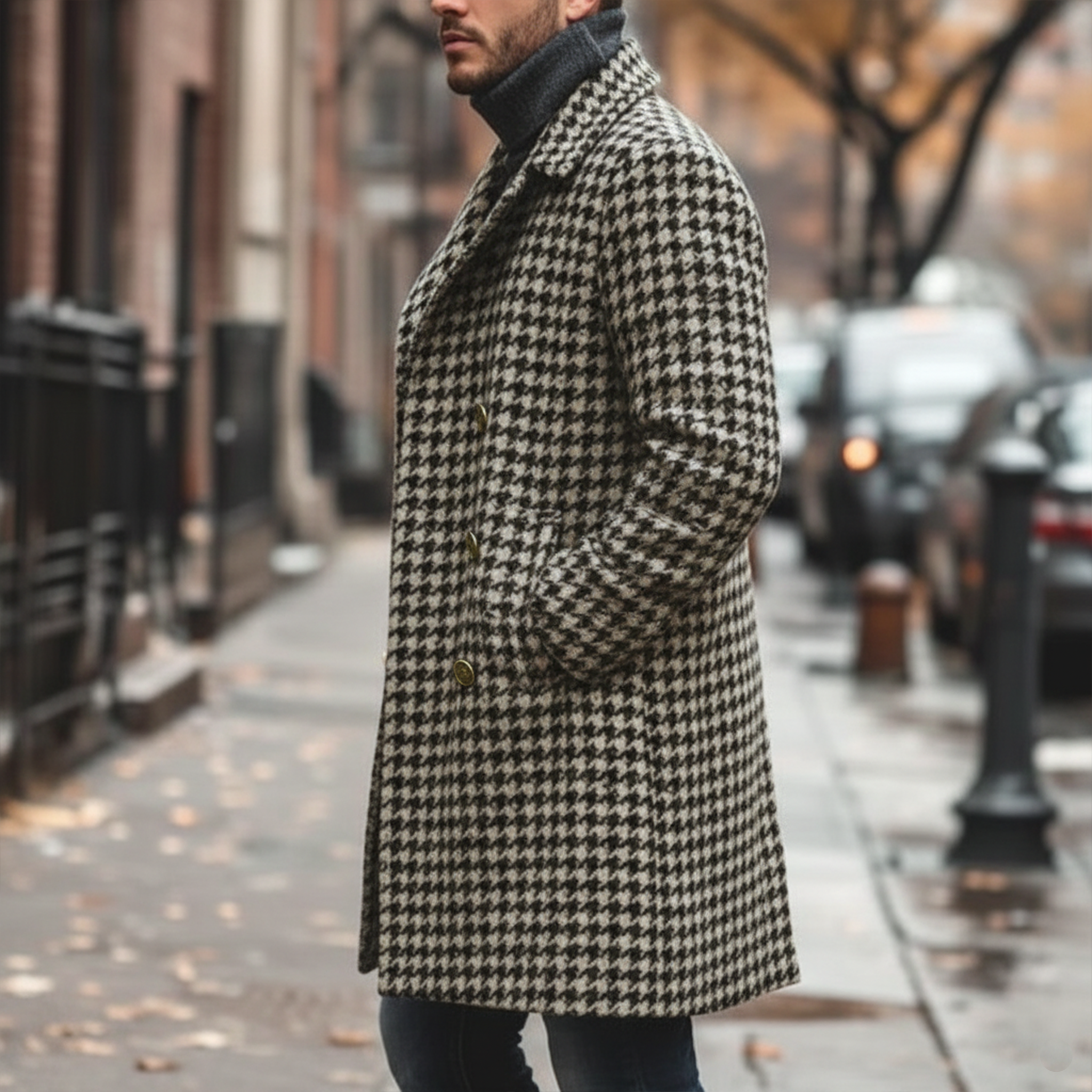 Men's Classic Retro Lapel Double-breasted Houndstooth Faux Wool Thigh-length Jacket MTA2479I0K