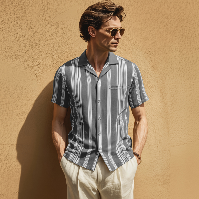 Men's Fashion Breathable Stripe Print Lapel Slim Fit Short Sleeve Shirt MTA0430G6M