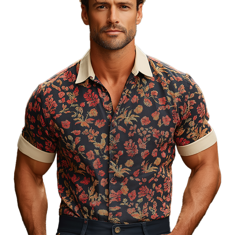 Men's Summer Fashion Printed Cotton Blended Short Sleeve Shirt MTA2514G7P