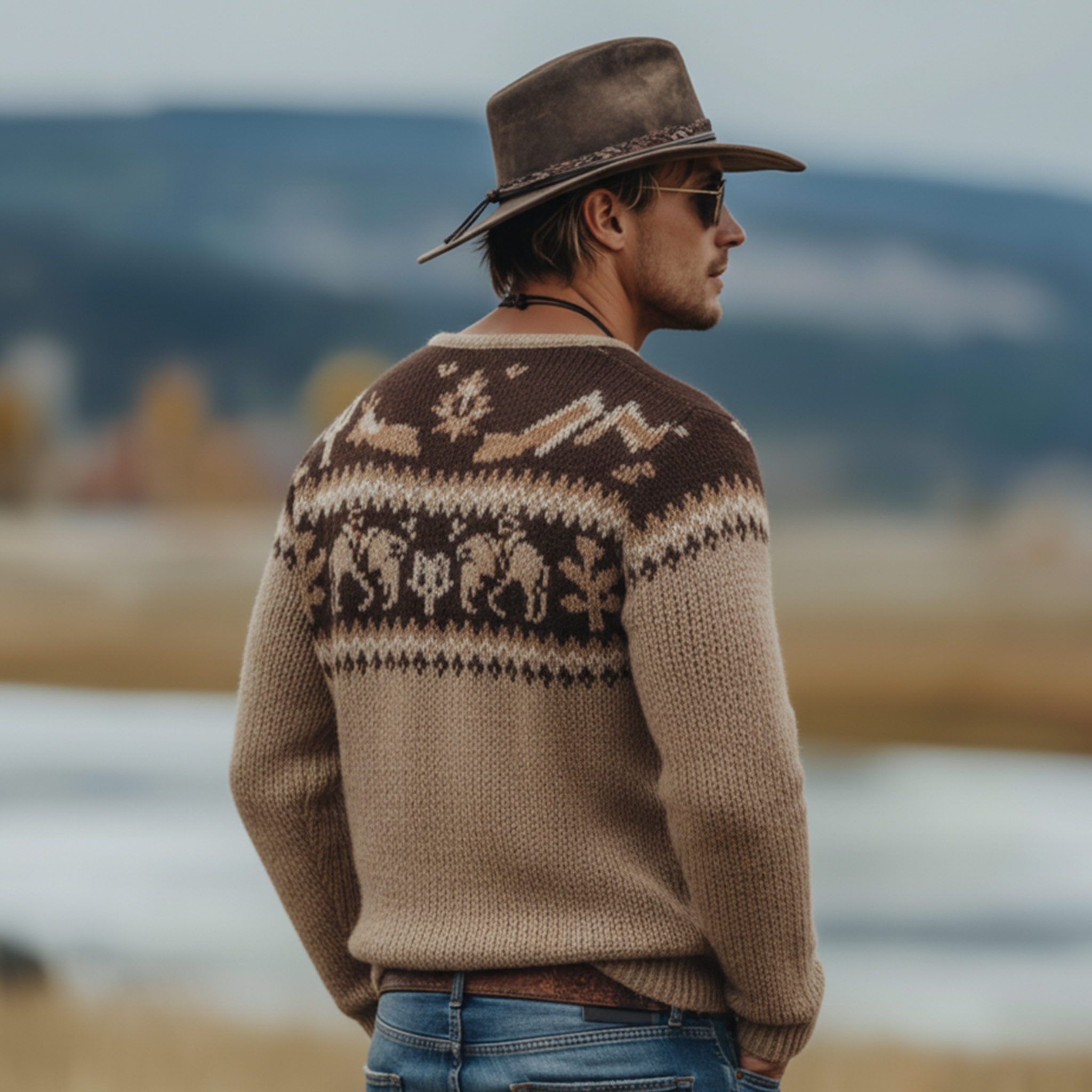 Men's Classic Retro Western Style Jacquard Deep V-neck Sweater MTA3019K1K