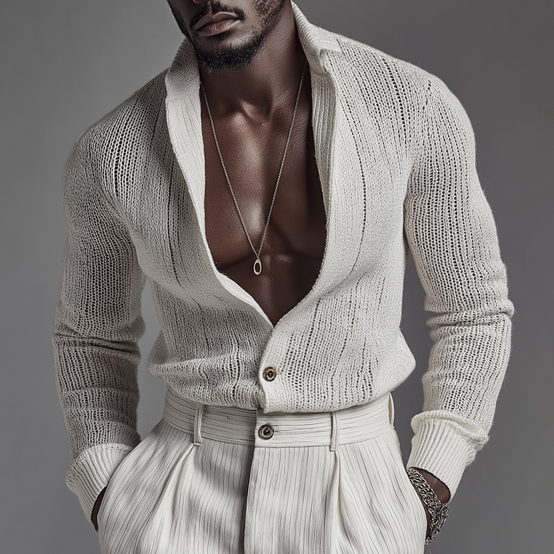 Men's Retro Casual Knit Lapel Long Sleeve Shirt MTA2594I9TO