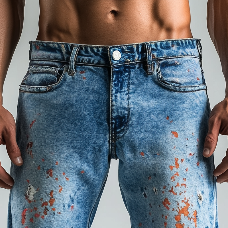 Men's Spring And Summer Fashion Casual Washed Denim Colorful Ink-splashed Hem Shorts MTA2353F5K