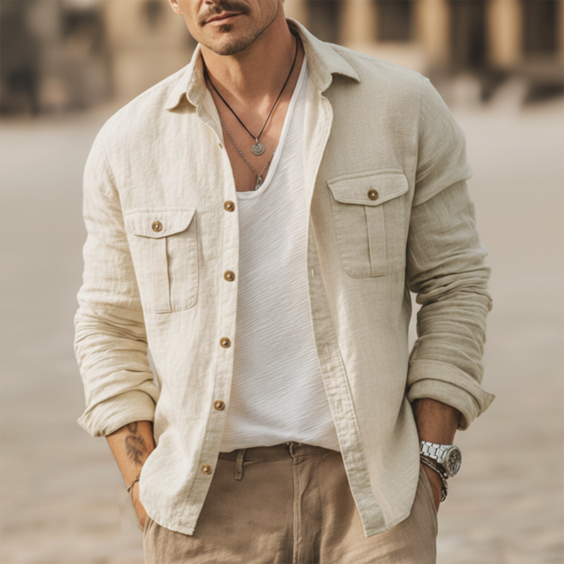 Men's Vintage Beige Cotton And Linen Long-sleeved Shirt MTZ0424B1U