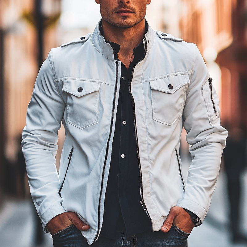 Men's Slim-fit Solid Color Stand-up Collar Zip-up Jacket MTA1611I6X