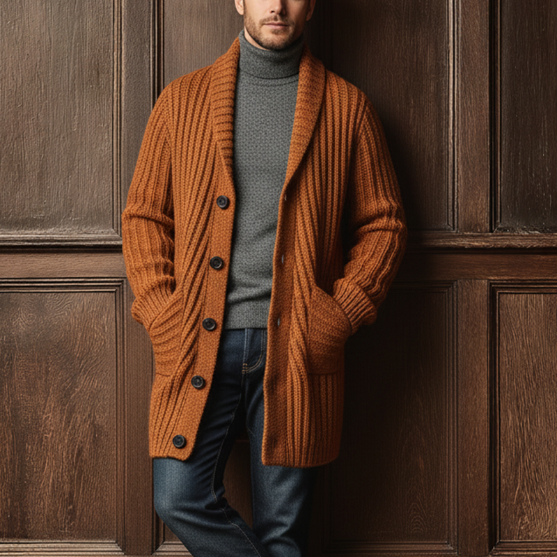 Men's Winter Fashion Shawl Collar Ribbed Cotton Yarn Knitted Mid-length Cardigan MTA1597J2P