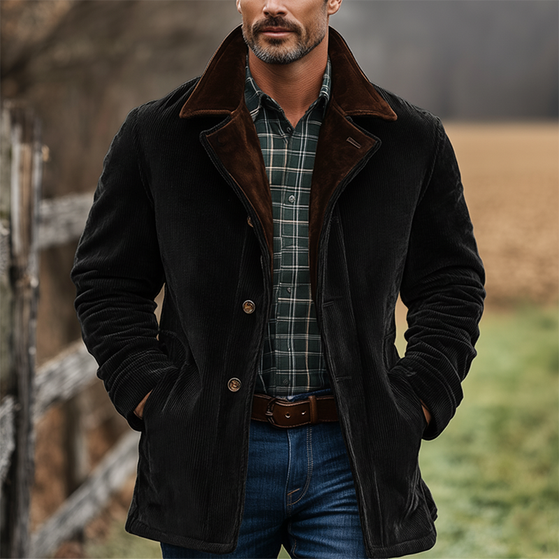 Men's Winter Retro Color Block Corduroy Button Jacket MTA0542K9P