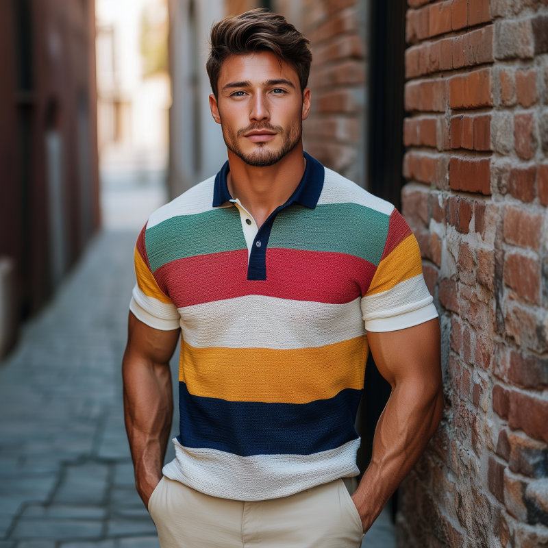 Men's Vintage Breathable Contrast Color Striped Lapel Slim Fit Knitted Short-sleeved Polo Shirt MTA2166G3M