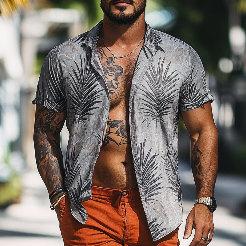Men's Fashion Coconut Leaves Lapel Short Sleeve Casual Shirt MTA1491E6Z