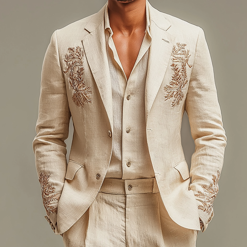Men's Retro Casual Cotton Linen Embroidered Blazer Two-Piece Set MTZ0475B8TO