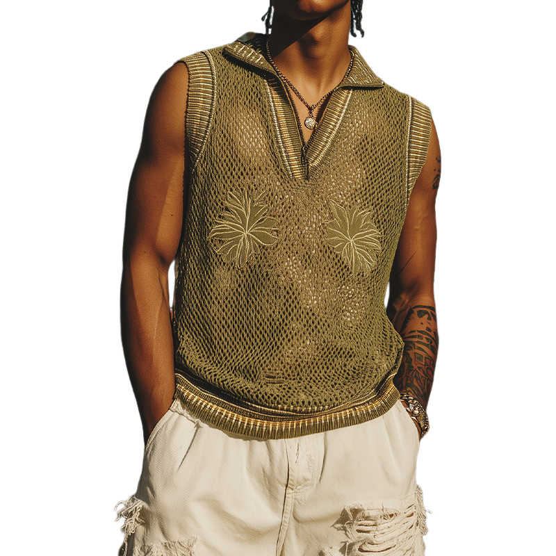 Men's Spring And Summer Fashion Casual Embroidered Knitted V-Neck Tank Top MTA2060F2K