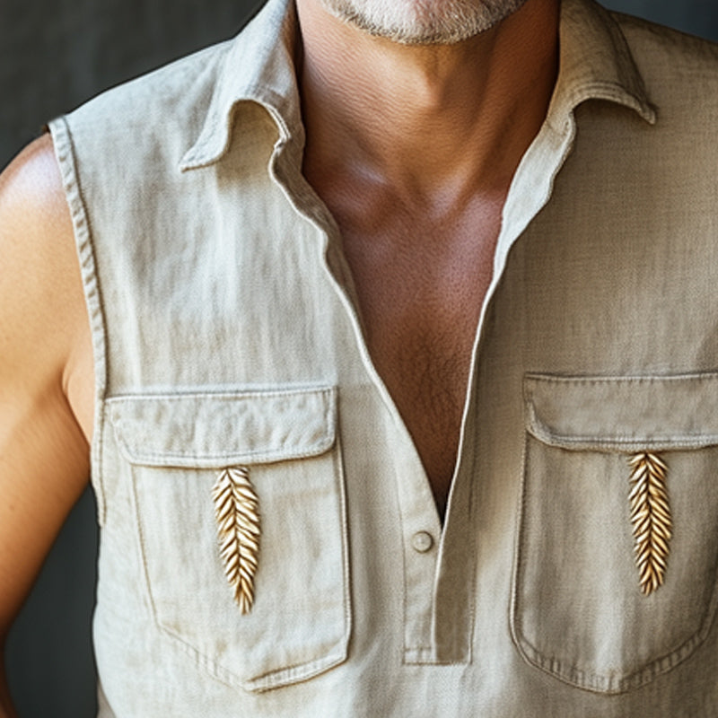 Men's Summer Wheat Ear Embroidery Cotton And Linen Polo Neck Tank Top MTA2867E7U