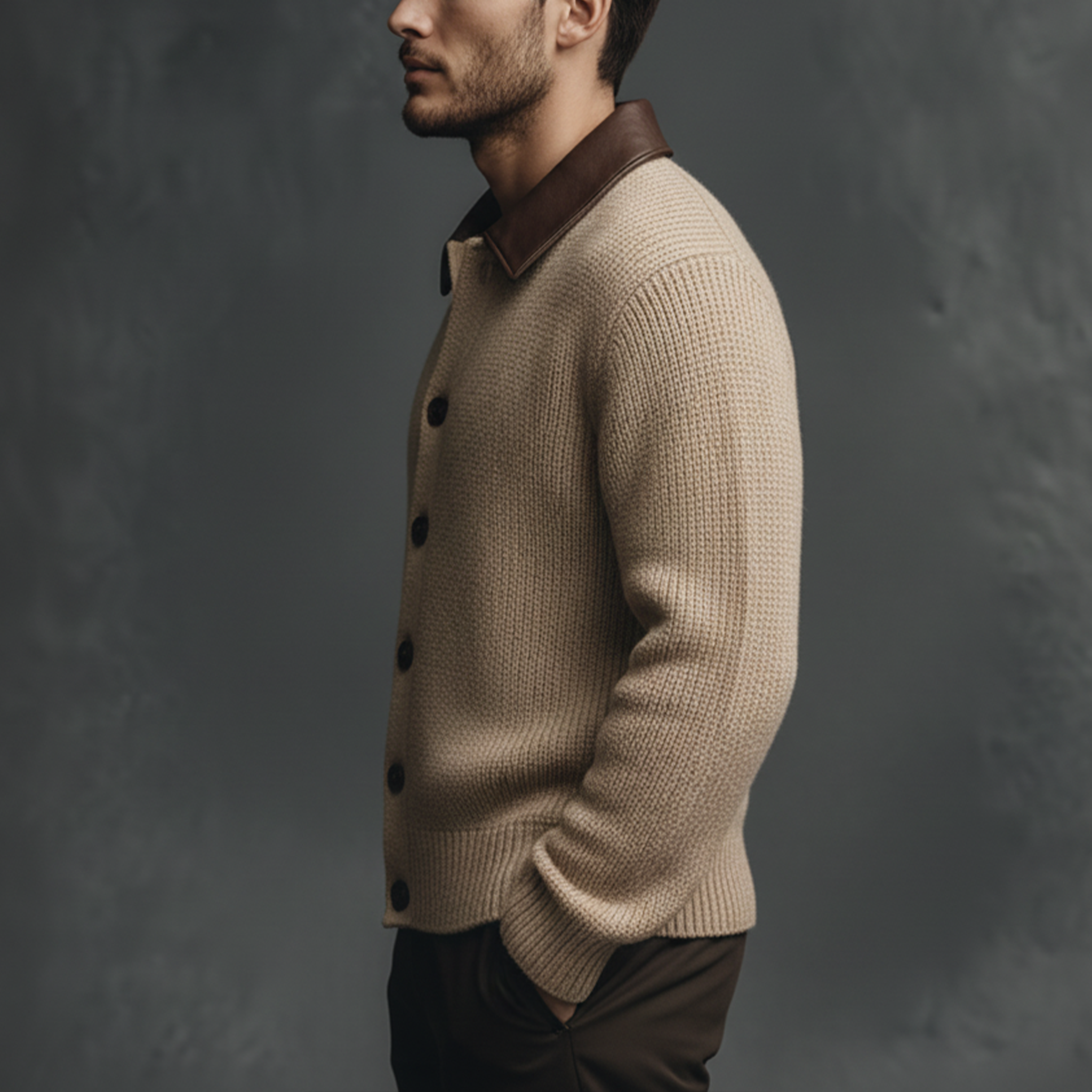 Men's Classic Retro Lapel Stitching PU Leather Knitted Cardigan MTA2397J2K