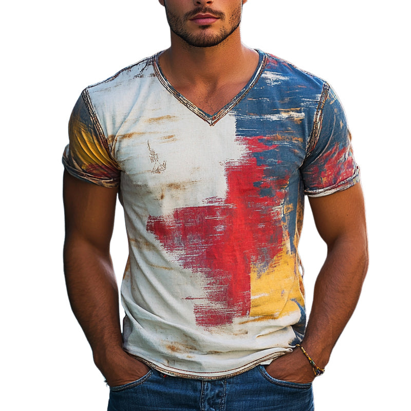 Men's Colorful Printed V-Neck Short Sleeve T-Shirt MTA2467E6X