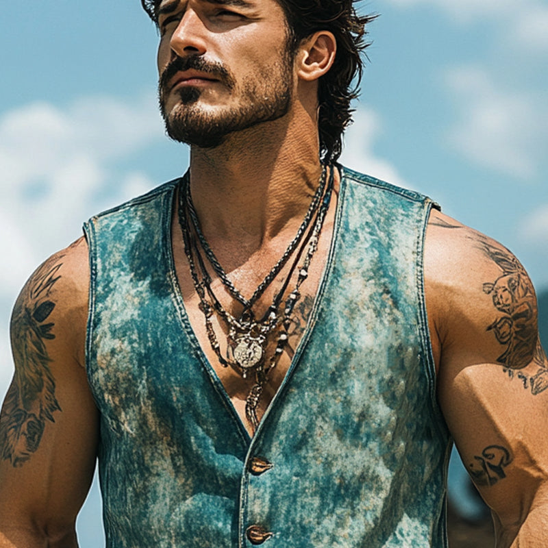 Men's Vintage Distressed Western Style Denim V-Neck Single Breasted Vest MTA2921D7X