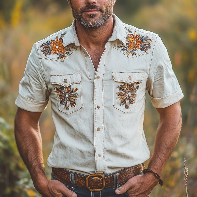 Men's Summer Western Cowboy Style Retro Embroidered Short Sleeve Shirt MTA2901D3U