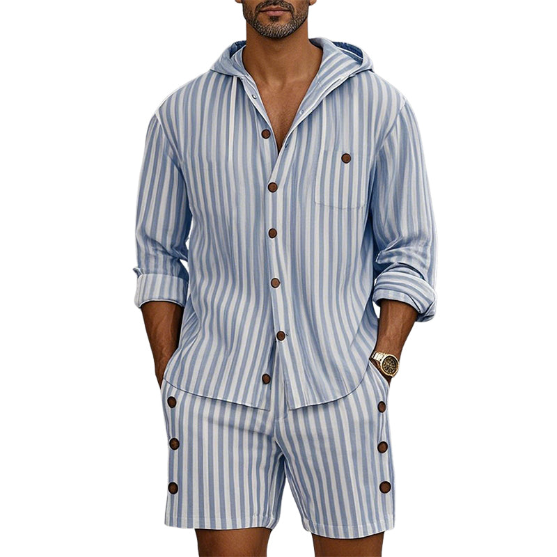 Men's Striped Print Long Sleeve Hoodie Shorts Casual Two-Piece Set MTA2916D8X
