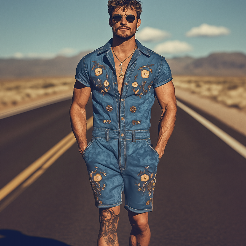 Men's Summer Fashion Retro Western Cowboy Style Embroidered Jumpsuit MTA1762D6K