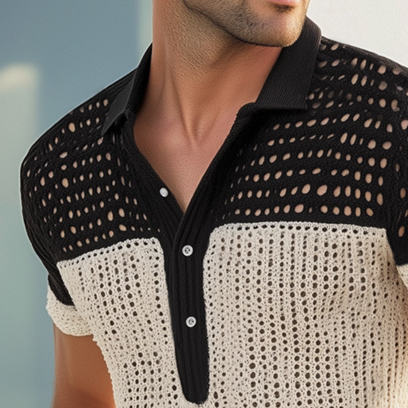 Men's Summer Breathable Mesh Colorblock Knitted Short Sleeve T-Shirt MTA1452E0U