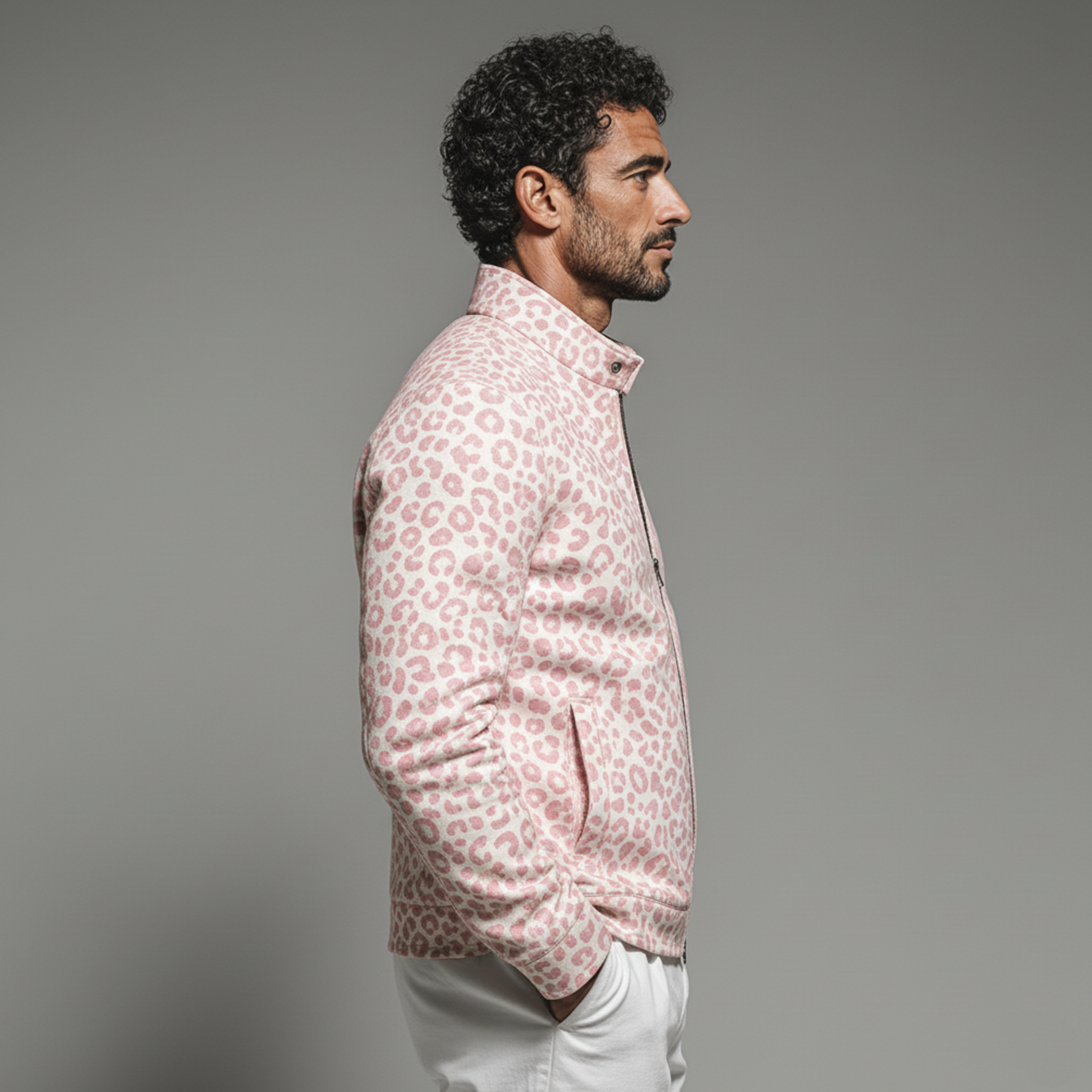 Men's Classic Casual Stand-collar Pink Leopard Print Denim Zip-up Jacket MTA1902L8K