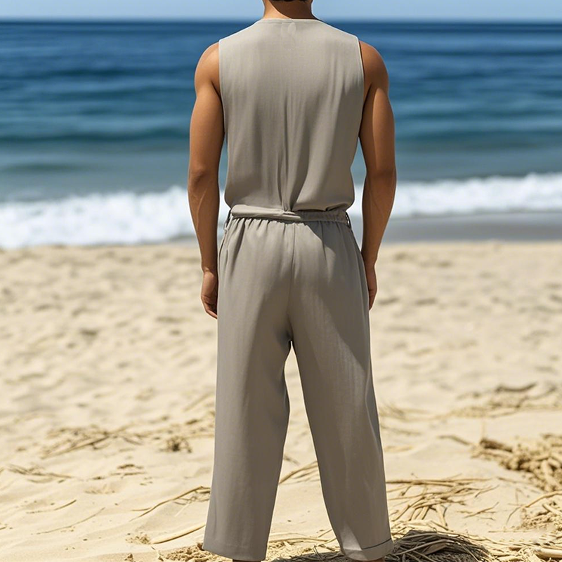 Men's Summer Fashion Casual Hawaiian Vacation Style Cotton and Linen Pocket Jumpsuit (Without Belt) MTA2523D3K