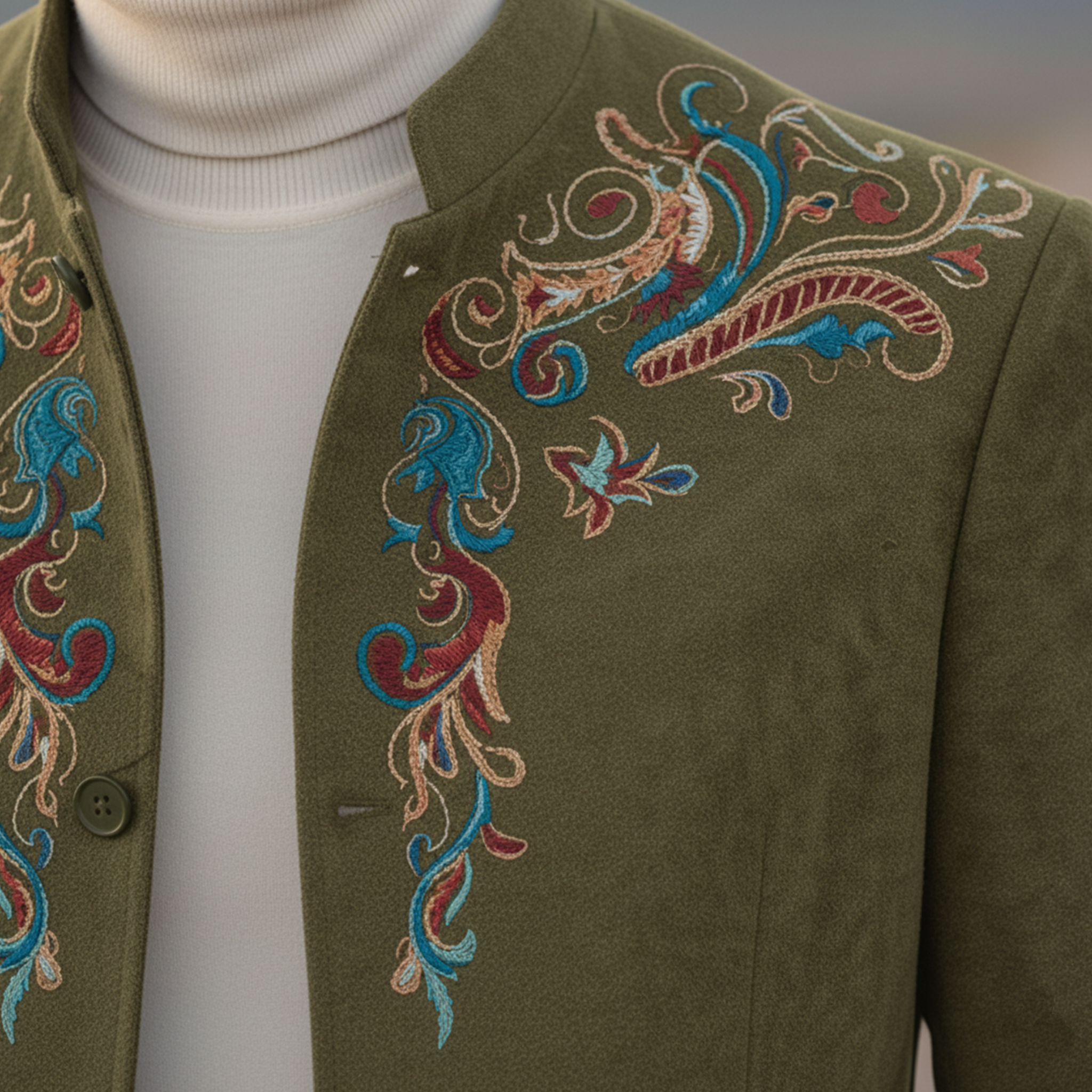 Men's Classic Retro Western Style Stand-up Collar Embroidered Faux Suede Jacket MTA1194K5K