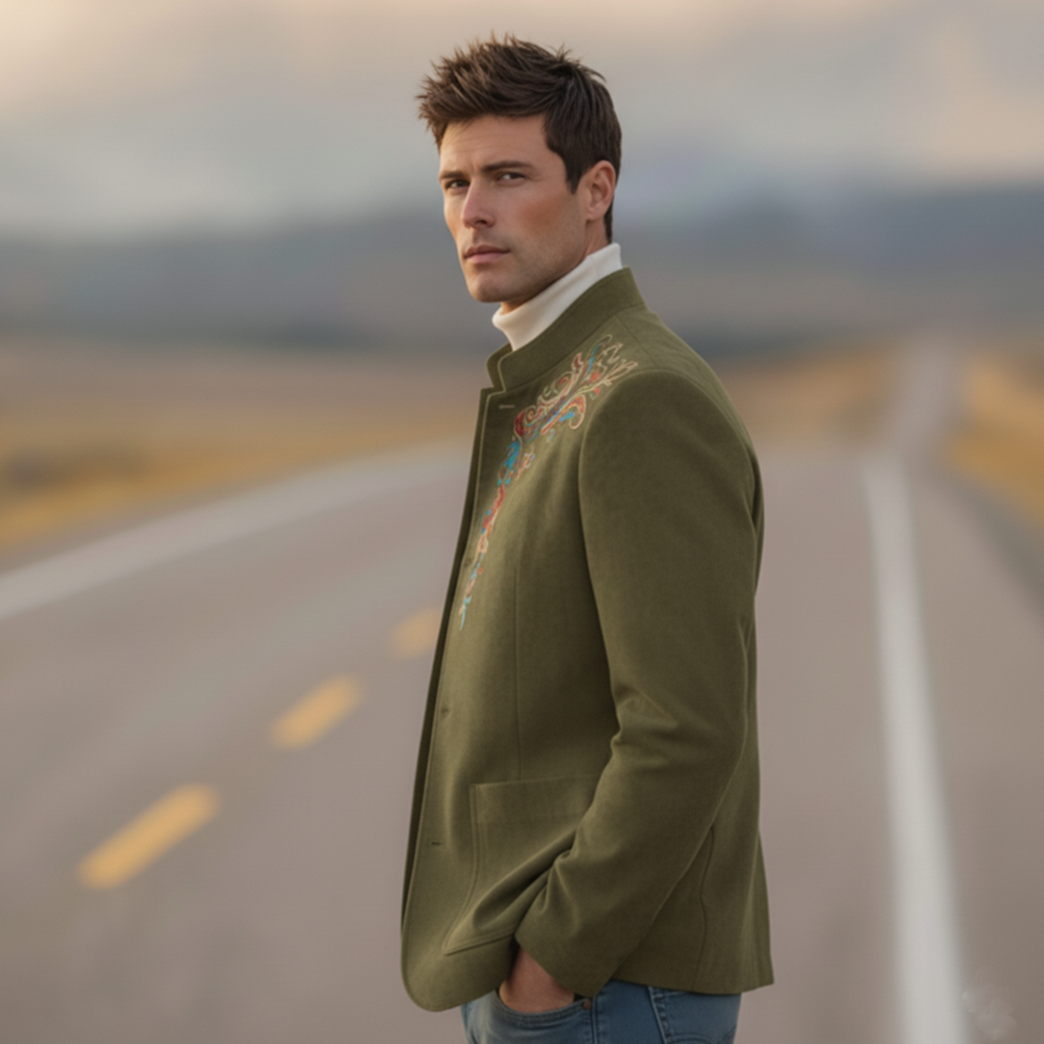 Men's Classic Retro Western Style Stand-up Collar Embroidered Faux Suede Jacket MTA1194K5K