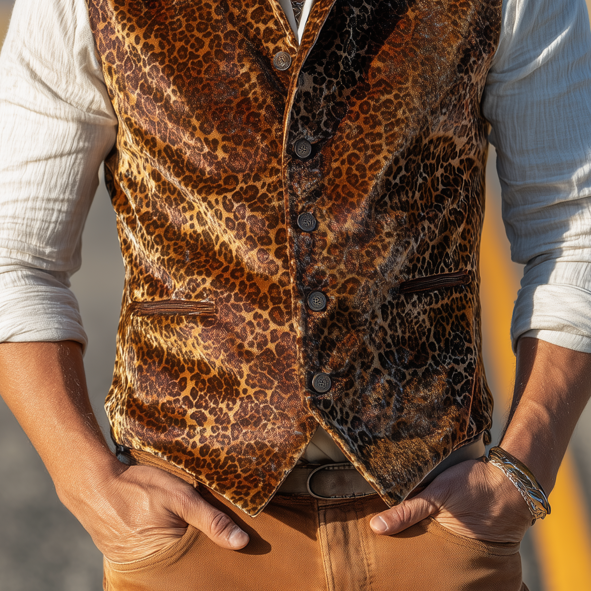 Men's Classic Casual Stand Collar Velvet Leopard Print Slim Vest MTA3082H1K