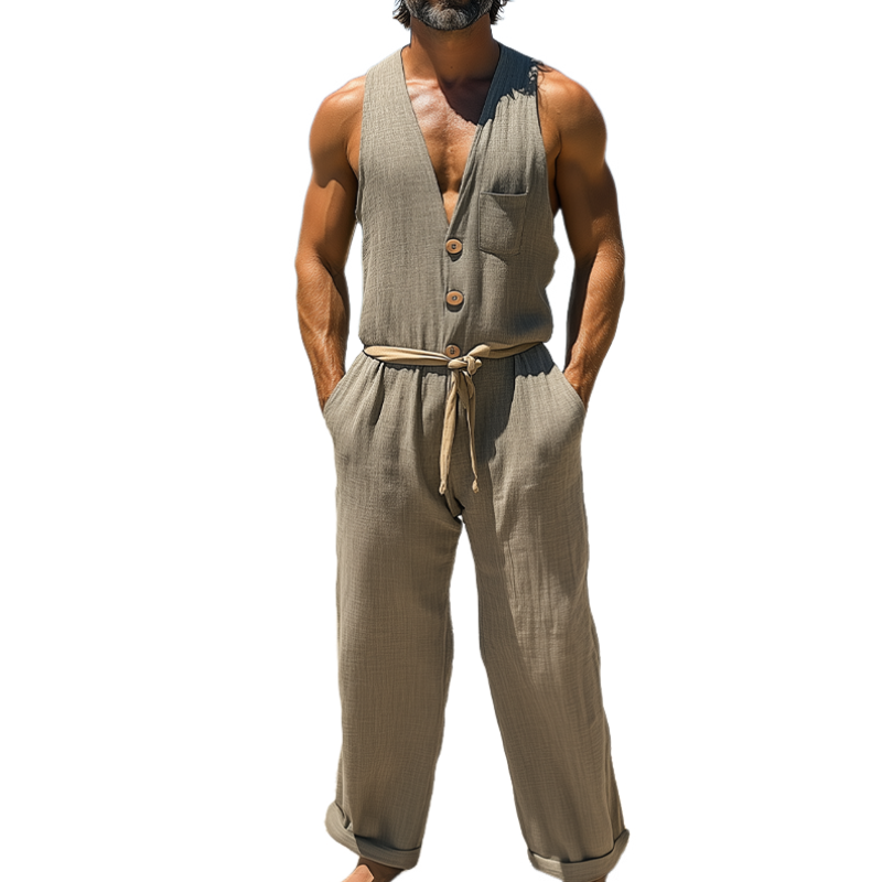 Men's Summer Fashion Casual Hawaiian Vacation Style Cotton and Linen Pocket Jumpsuit (Without Belt) MTA2523D3K
