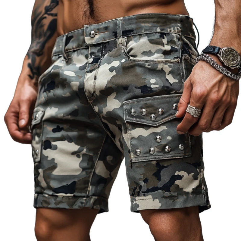 Men's Casual Outdoor Washed Cotton Camouflage Multi-Pocket Rivet Slim Shorts MTA0552F9M