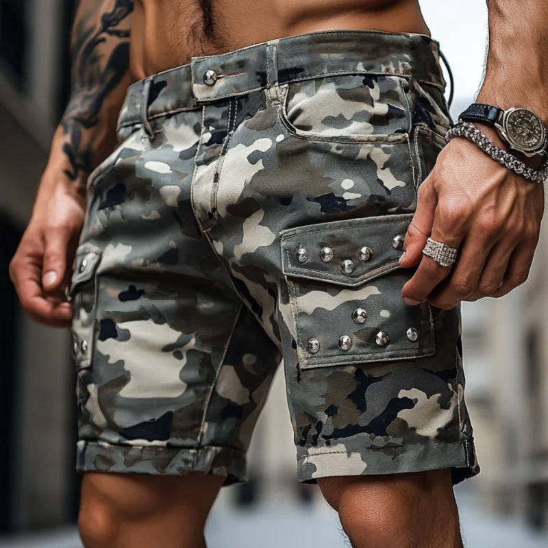Men's Casual Outdoor Washed Cotton Camouflage Multi-Pocket Rivet Slim Shorts MTA0552F9M