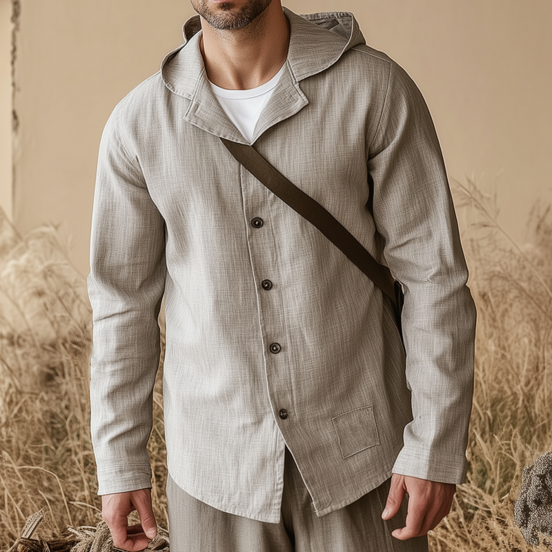 Men's Casual Solid Color Breathable Linen Lapel Hooded Loose Long Sleeve Shirt MTA1516G9M