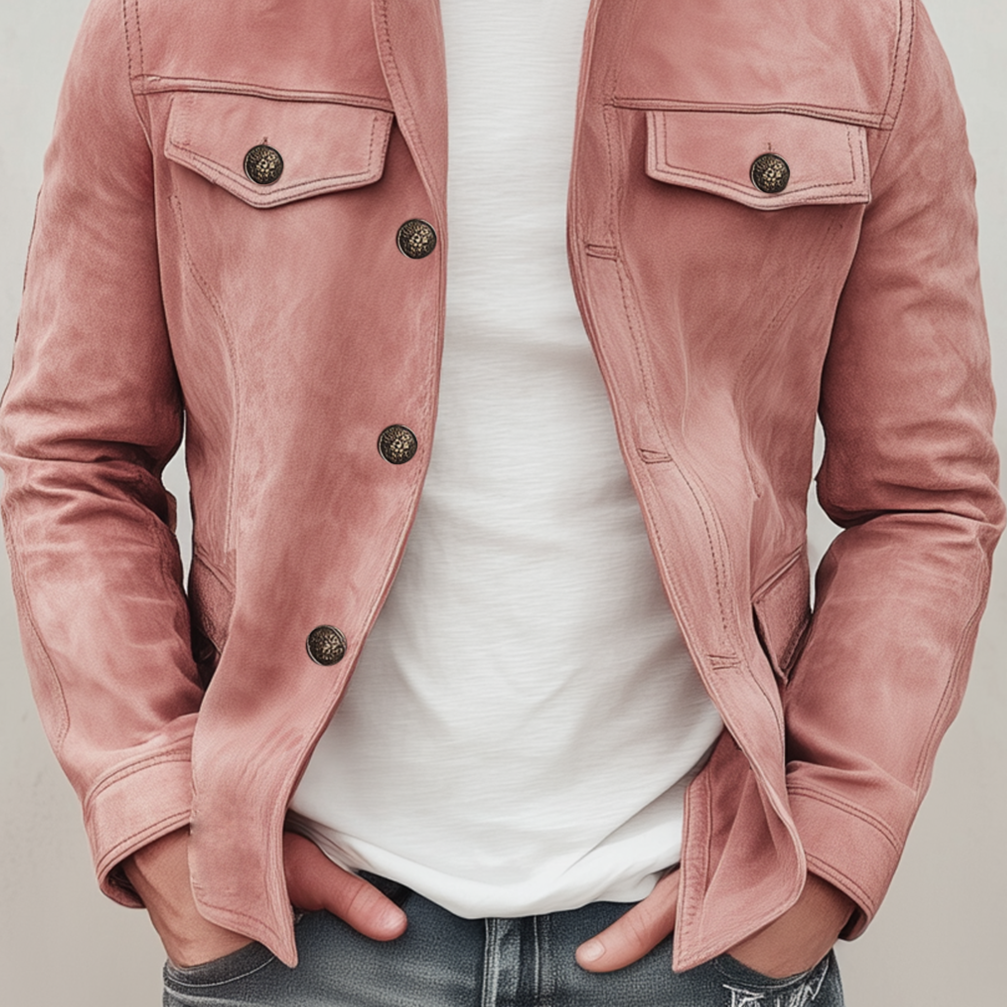 Men's Classic Retro Stand Collar Multi-pocket Pink Suede Slim Jacket MTA2232H7K
