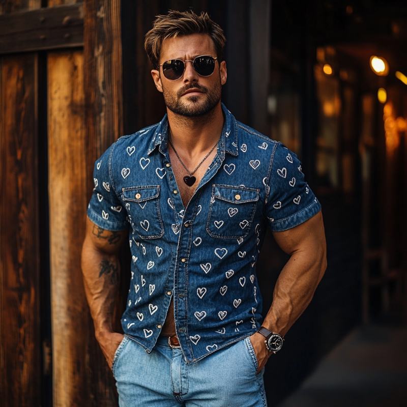 Men's Heart Print Denim Washed Short Sleeve Shirt MTA0984F6Y