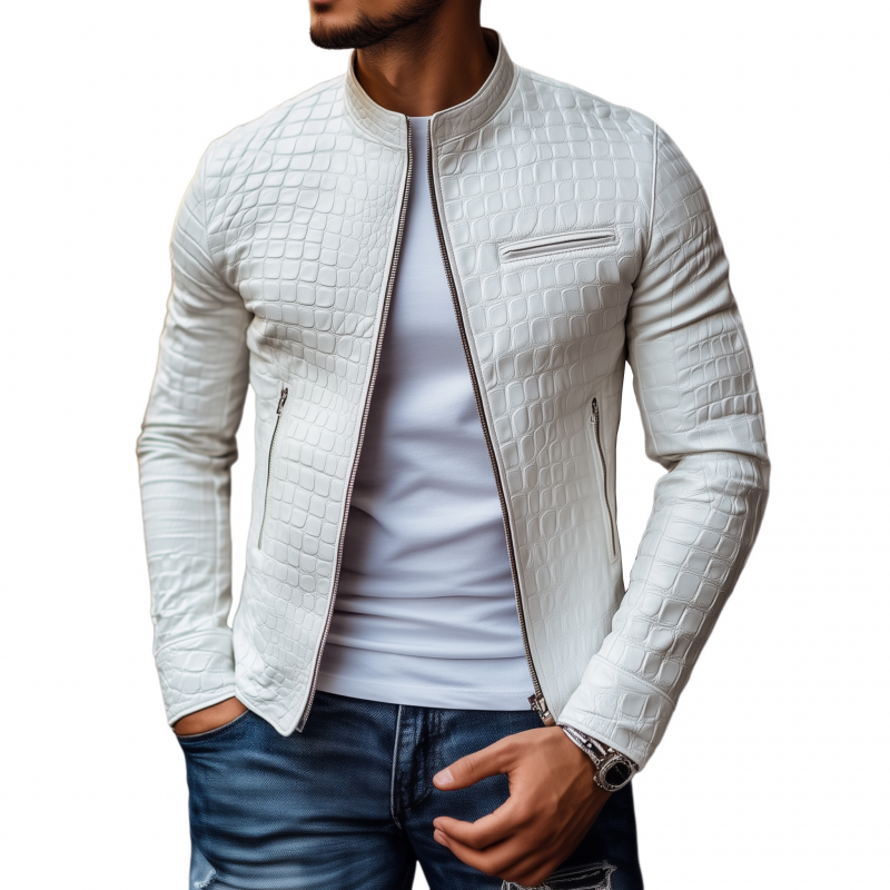 Men's Fashion Solid Color Textured PU Stand Collar Zipper Placket Slim Fit Motorcycle Jacket MTA1499H1M