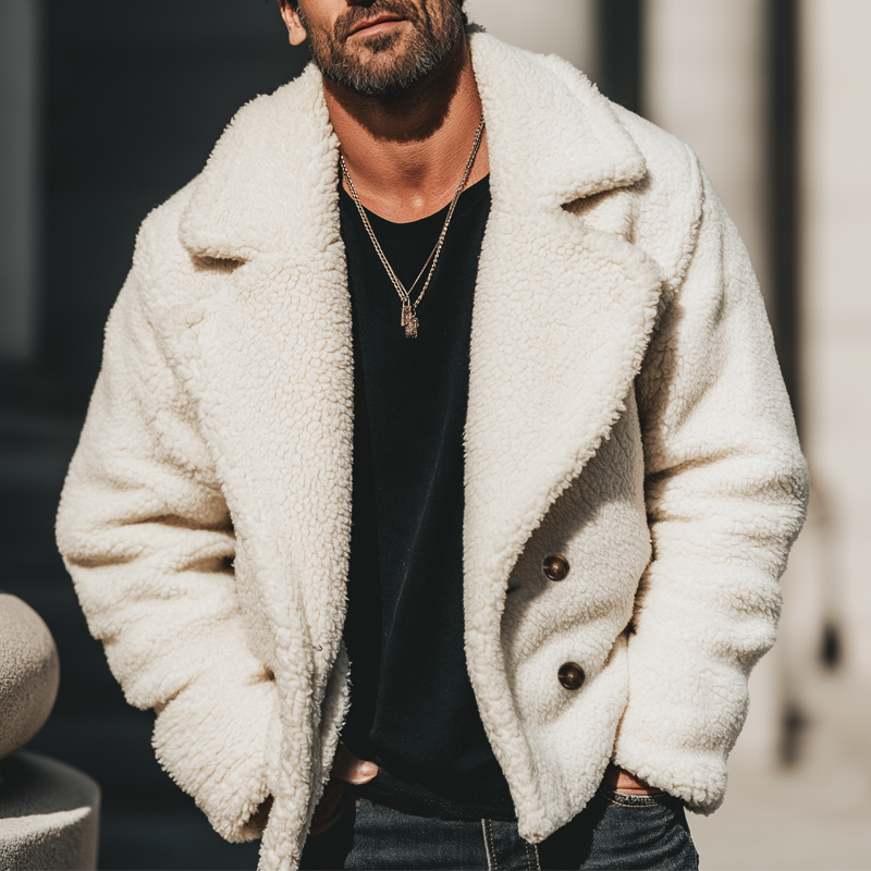 Men's Urban Double-Breasted Notched Lapel Faux Lambswool Jacket MTA1112K2U