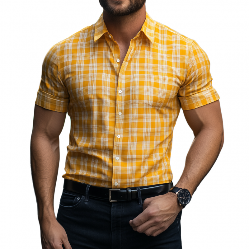 Men's Casual Breathable Cotton Plaid Lapel Slim Fit Short Sleeve Shirt MTA1160F5M