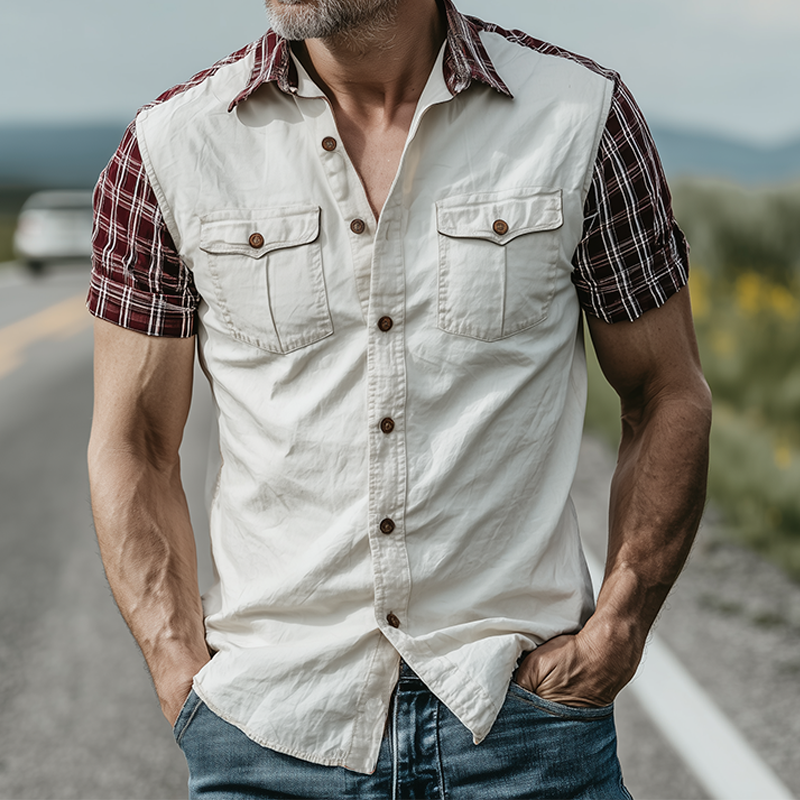 Men's Spring And Summer Fashion Casual Plaid Stitching Cotton Blended Slim Short-sleeved Shirt MTA0809G8K