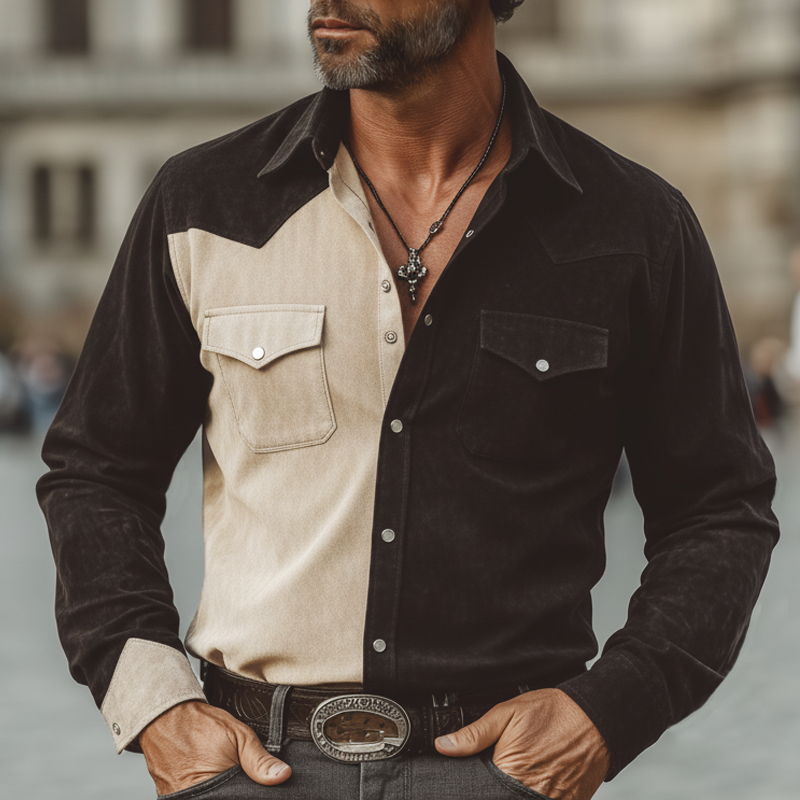 Men's Western-style Color-block Faux Suede Long-sleeved Shirt MTZ0877A8U