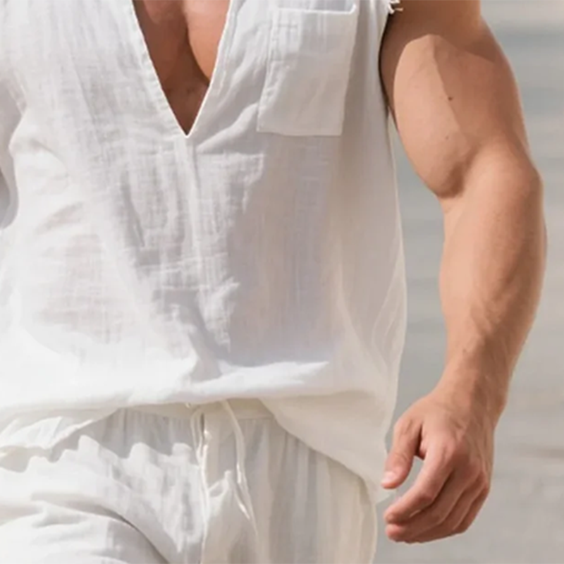 Men's Cotton And Linen V-neck Sleeveless Tank Top MTA0470G1Y