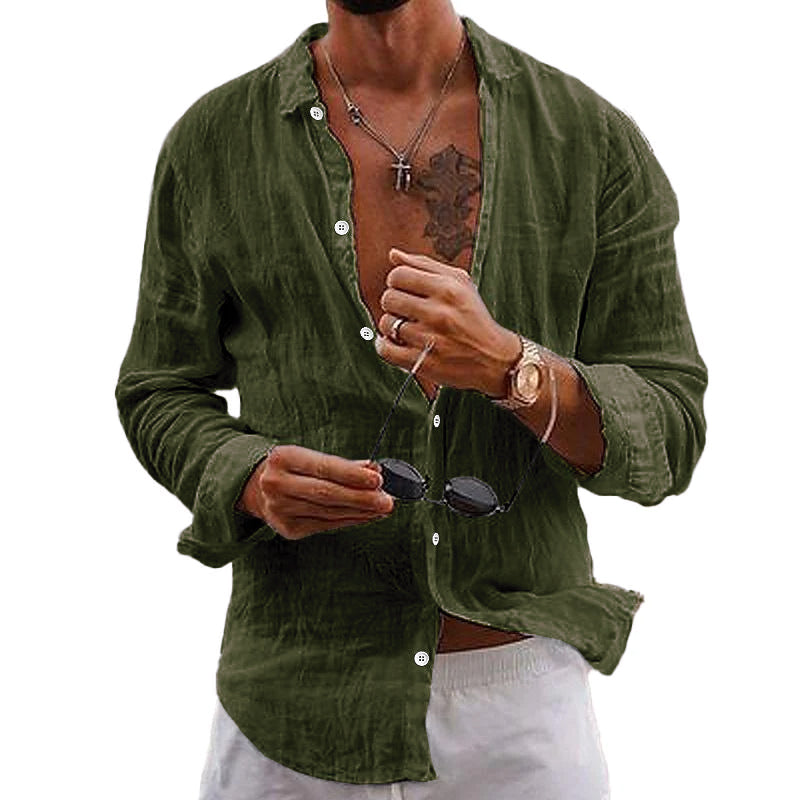 Camicia casual da uomo in cotone e lino a maniche lunghe, tinta unita, con risvolto 76098441M
